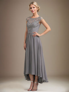 A-Line Scoop Neck Illusion Asymmetrical Lace Chiffon Mother of the Bride Dress with Pleats