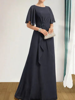 A-Line Scoop Floor-Length Chiffon Mother of the Bride Dress with Cascading Ruffles, Beading, and Sequins