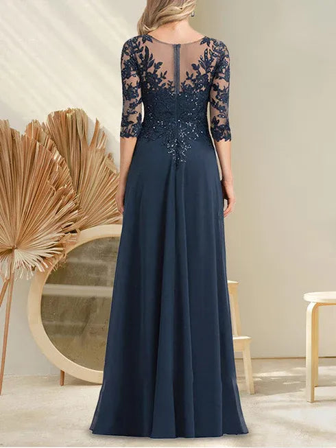 A-Line V-Neck Floor-Length Lace Chiffon Mother of the Bride Dress with Sequins