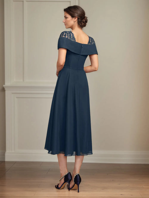 A-Line Square Neck Tea-Length Chiffon Mother of the Bride Dress with Pleated Sequins