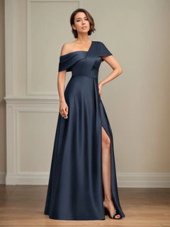 Asymmetrical A-Line Floor-Length Satin Mother of the Bride Dress with Pleats