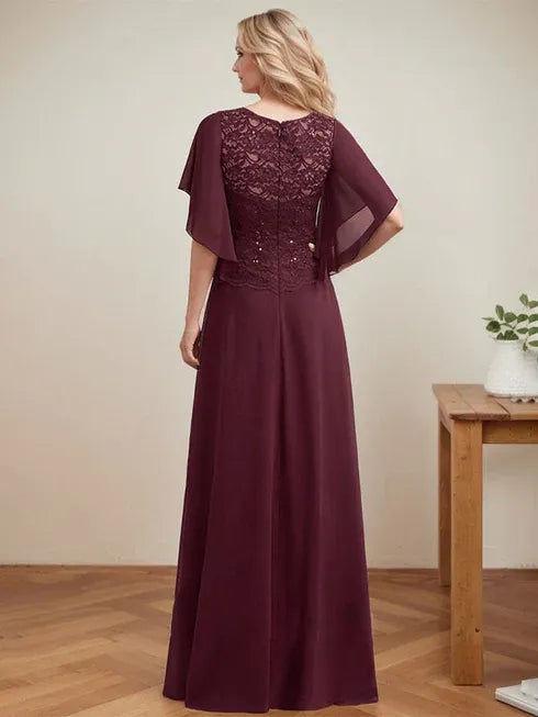 A-Line Scoop Neck Illusion Floor-Length Lace Chiffon Mother of the Bride Dress with Sequins