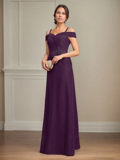 A-Line Cold Shoulder Floor-Length Chiffon Mother of the Bride Dress with Beading and Sequins