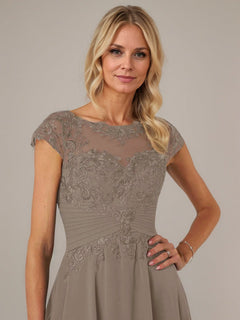 A-Line Boat Neck Illusion Asymmetrical Chiffon Lace Mother of the Bride Dress with Applique and Pleats