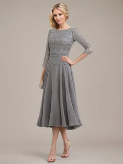 A-line Scoop Tea-Length Lace Chiffon Mother of the Bride Dress