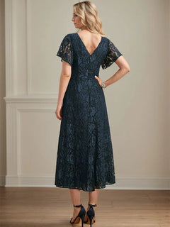 A-Line V-Neck Tea-Length Lace Chiffon Mother of the Bride Dress