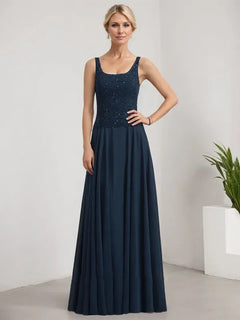 A-Line Square Neck Floor-Length Lace and Chiffon Mother of the Bride Dress with Sequins