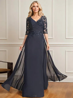 A-Line V-Neck Floor-Length Lace and Chiffon Mother of the Bride Dress with Pleated Sequins