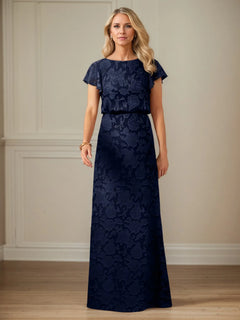 A-Line Boat Neck Short Sleeve Floral Burnout Mother of the Bride Dress