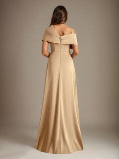 A-Line Satin Mother of the Bride Dress with Asymmetrical Neckline, Floor-Length, and Pleated Design