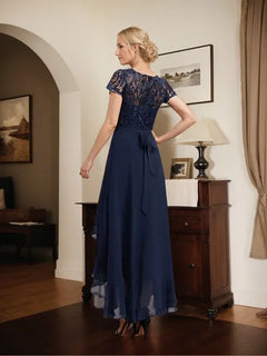 A-Line Scoop Neck Illusion Asymmetrical Chiffon Lace Mother of the Bride Dress with Bow, Ruffle, and Sequins