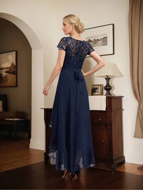 A-Line Scoop Neck Illusion Asymmetrical Chiffon Lace Mother of the Bride Dress with Bow, Ruffle, and Sequins