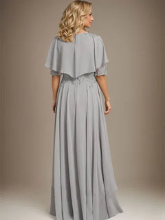 A-Line Scoop Neck Illusion Asymmetrical Chiffon and Lace Mother of the Bride Dress with Beading