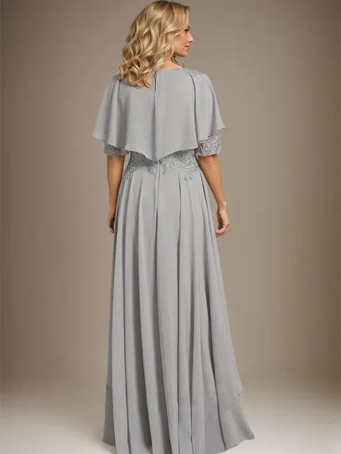 A-Line Scoop Neck Illusion Asymmetrical Chiffon and Lace Mother of the Bride Dress with Beading