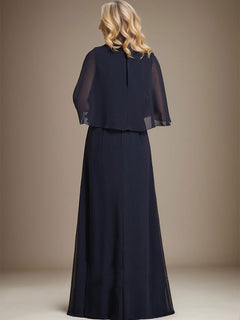 A-Line V-Neck Floor-Length Chiffon Mother of the Bride Dress with Cascading Ruffles and Crystal Brooch
