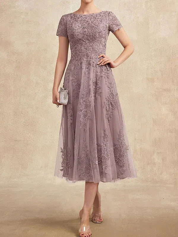 A-Line Scoop Neck Tea-Length Tulle Lace Mother of the Bride Dress