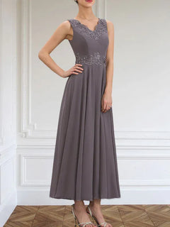 A-Line V-Neck Chiffon Mother of the Bride Dress with Sequins, Appliques, Lace, and Beading at Ankle Length
