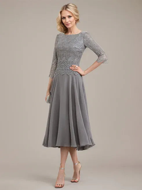 A-Line Scoop Neck Tea-Length Lace Chiffon Mother of the Bride Dress