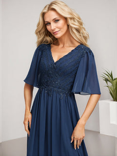 A-Line V-Neck Floor-Length Lace Chiffon Mother of the Bride Dress with Sequins