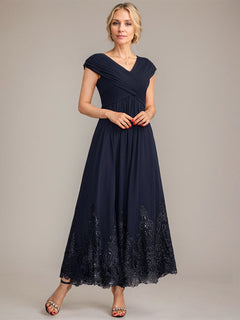 A-Line V-Neck Chiffon Mother of the Bride Dress with Appliqué and Sequins, Ankle-Length