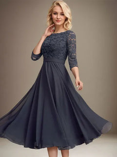 A-Line Scoop Neck Tea-Length Lace Chiffon Mother of the Bride Dress with Sequins