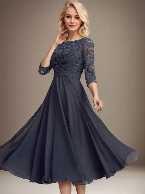 A-Line Scoop Neck Tea-Length Lace Chiffon Mother of the Bride Dress with Sequins
