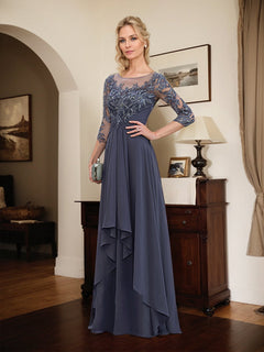 A-Line Scoop Neck Illusion Floor-Length Lace Chiffon Mother of the Bride Dress with Cascading Ruffles
