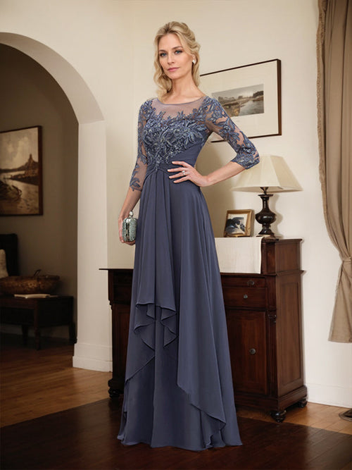 A-Line Scoop Neck Illusion Floor-Length Lace Chiffon Mother of the Bride Dress with Cascading Ruffles