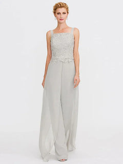 3-Piece Chiffon Square Neck Mother of the Bride Pantsuit Set with Jacket