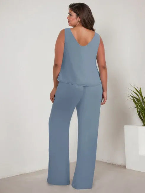 Chiffon Scoop Neck Long Sleeve Mother of the Bride Pantsuit with Jacket