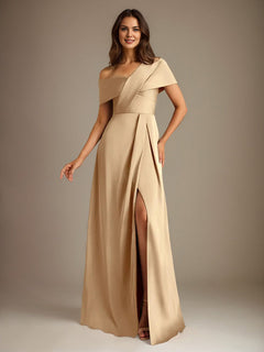 A-Line Satin Mother of the Bride Dress with Asymmetrical Neckline, Floor-Length, and Pleated Design