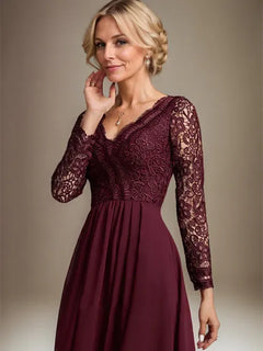 A-Line V-Neck Asymmetrical Lace Chiffon Mother of the Bride Dress