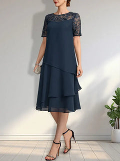 A-Line Scoop Neck Illusion Knee-Length Lace Chiffon Mother of the Bride Dress with Sequins