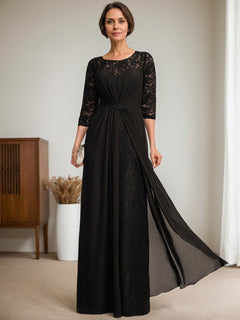 A-Line Scoop Neck Illusion Floor-Length Lace Chiffon Mother of the Bride Dress with Beaded Ruffles