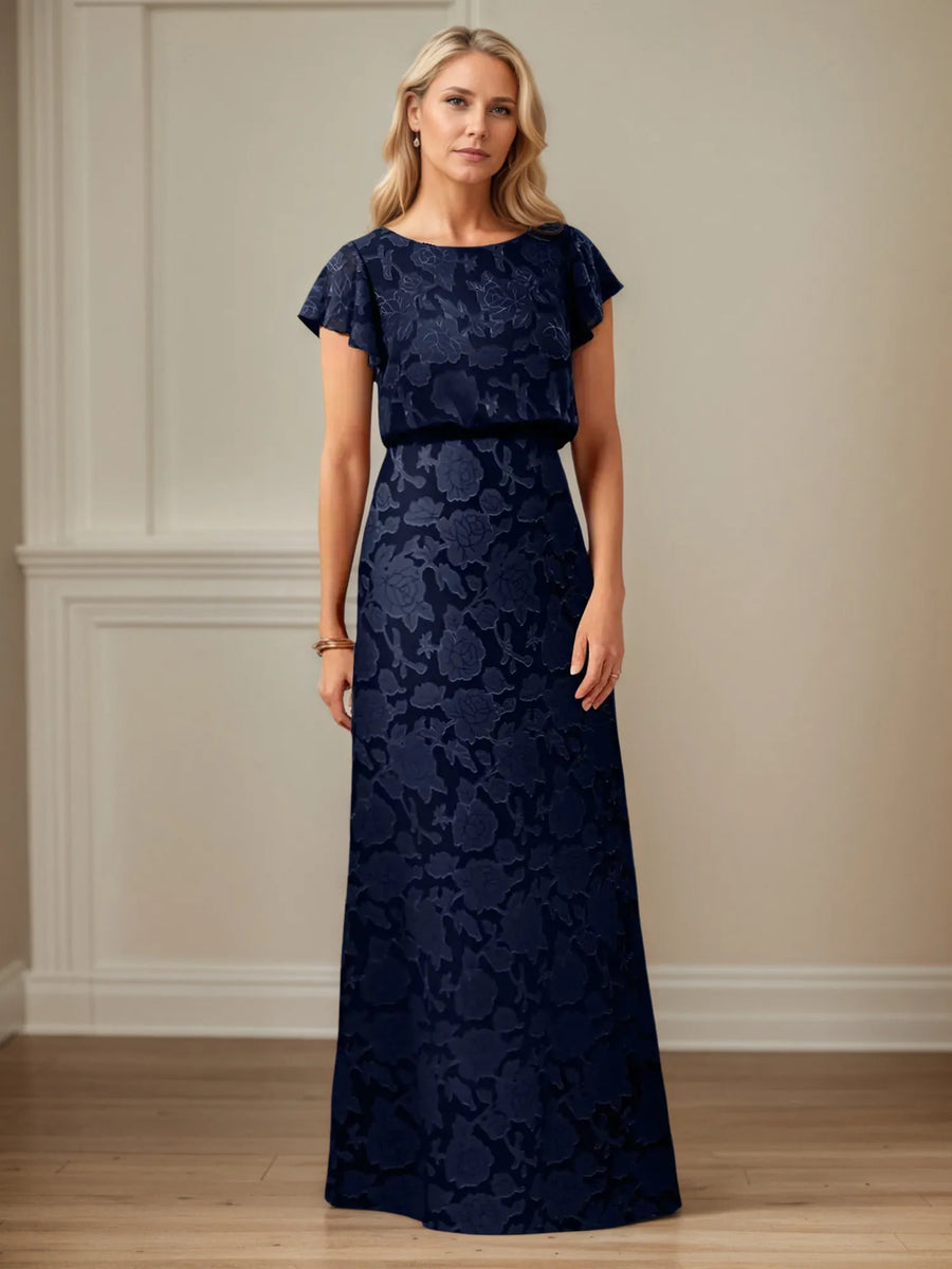 A-Line Boat Neck Short Sleeve Floral Burnout Mother of the Bride Dress
