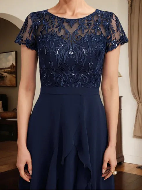 A-Line Scoop Neck Illusion Asymmetrical Chiffon Lace Mother of the Bride Dress with Bow, Ruffle, and Sequins