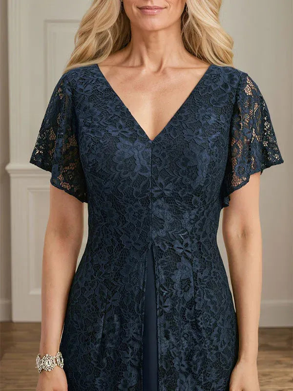 A-Line V-Neck Tea-Length Lace Chiffon Mother of the Bride Dress