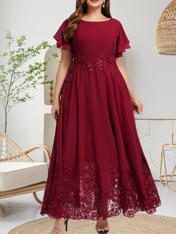 A-Line Scoop Neck Ankle-Length Lace and Chiffon Mother of the Bride Dress with Sequins
