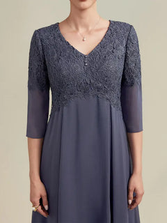 A-Line V-Neck Tea-Length Chiffon Lace Mother of the Bride Dress with Beading