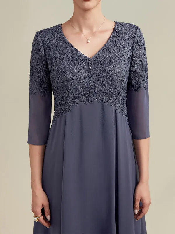 A-Line V-Neck Tea-Length Chiffon Lace Mother of the Bride Dress with Beading