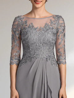 A-Line Scoop Illusion Floor-Length Chiffon and Lace Mother of the Bride Dress with Beading, Sequins, and Cascading Ruffles