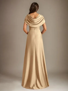 A-Line Scoop Neck Floor-Length Stretch Satin Mother of the Bride Dress with Cascading Ruffles