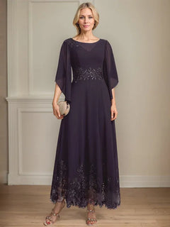 A-Line Scoop Neck Illusion Lace Chiffon Mother of the Bride Dress with Sequins and Ankle-Length Hem