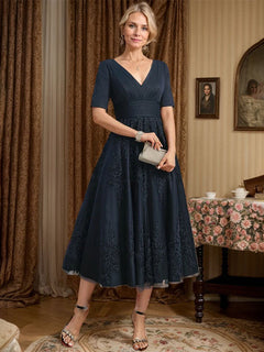 A-Line V-Neck Tea-Length Tulle Lace Mother of the Bride Dress with Pleats