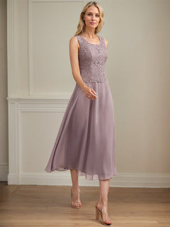 A-Line Scoop Neck Tea-Length Lace Chiffon Mother of the Bride Dress