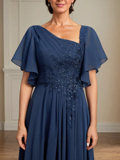 Asymmetrical A-Line Floor-Length Lace and Chiffon Mother of the Bride Dress with Pleated Sequins