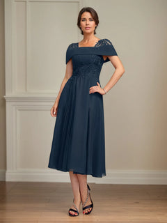 A-Line Square Neck Tea-Length Chiffon Mother of the Bride Dress with Pleated Sequins