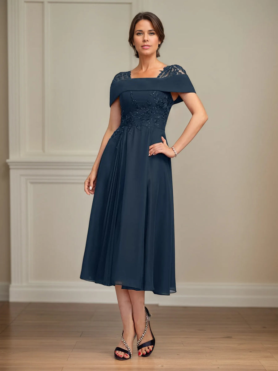 A-Line Square Neck Tea-Length Chiffon Mother of the Bride Dress with Pleated Sequins