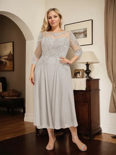 A-Line Scoop Neck Illusion Tea-Length Chiffon and Lace Mother of the Bride Dress with Beading and Sequins