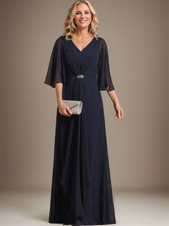 A-Line V-Neck Floor-Length Chiffon Mother of the Bride Dress with Cascading Ruffles and Crystal Brooch